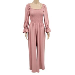 Blue Buttercup Dusty Rose Pink Smocked Bodice Long Sleeve Wide Leg Jumpsuit